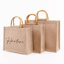 Load image into Gallery viewer, Embroidered Jute Bamboo Tote
