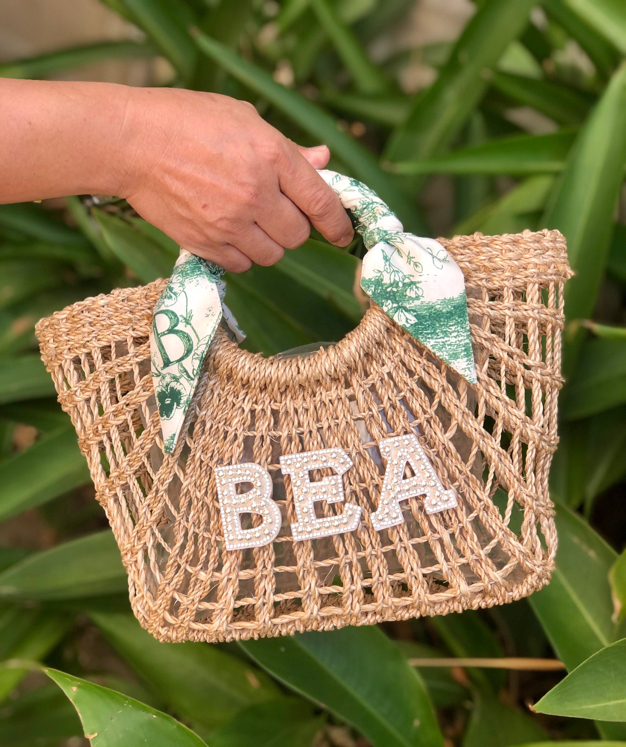 Abaca Beach Bag Initials Personalized Book Tote Bag With POCKET