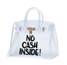 Load image into Gallery viewer, Clear personalized Beachkin tote bag from Travellers Hat Boutique with no cash inside print and lock detail
