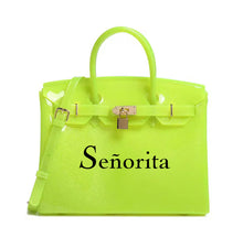 Load image into Gallery viewer, Bright lime green personalized Beachkin tote bag by Travellers Hat Boutique with Señorita text and shoulder strap
