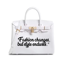 Load image into Gallery viewer, White personalized Beachkin tote bag with black quote fashion changes but style endures and gold lock
