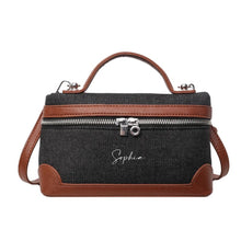 Cargar imagen en el visor de la galería, Custom square denim purse tote bag with brown leather accents and top handle by Travellers Hat Boutique
