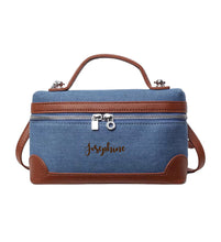 Cargar imagen en el visor de la galería, Travellers Hat Boutique custom square denim purse tote bag with brown leather accents and zipper closure

