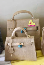 Cargar imagen en el visor de la galería, Eco friendly kelly style tote bags in natural burlap material with blue locks and top handles

