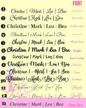 Load image into Gallery viewer, Chart displaying 13 different stylish fonts for customizing oversized straw sun hat names
