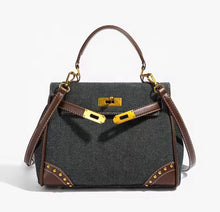 Cargar imagen en el visor de la galería, Retro denim handbag tote bag with brown leather straps and gold hardware from Travellers Hat Boutique
