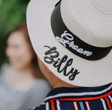 Cargar imagen en el visor de la galería, Custom prenuptial hat set featuring a groom hat with personalized name embroidery from Travellers Hat Boutique
