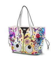 Load image into Gallery viewer, Holographic beach tote bag with colorful cartoon patches and white handles from Travellers Hat Boutique
