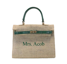 Load image into Gallery viewer, Jute bag with croco leather handle tote bag from Travellers Hat Boutique with personalized Mrs. Acob print
