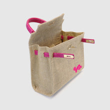 Load image into Gallery viewer, Jute bag with croco leather handle in pink from Travellers Hat Boutique with spacious open interior
