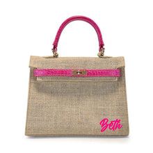 Load image into Gallery viewer, Travellers Hat Boutique jute bag with croco leather handle in pink and natural woven tote bag
