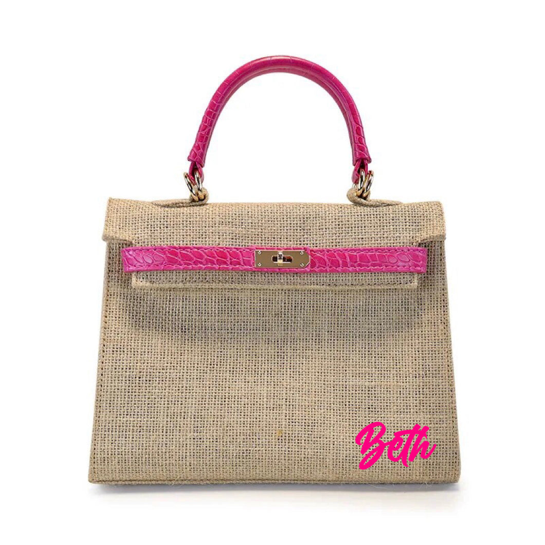 Travellers Hat Boutique jute bag with croco leather handle in pink and natural woven tote bag