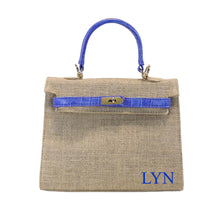Load image into Gallery viewer, Travellers Hat Boutique jute bag with croco leather handle in blue and natural tote bag
