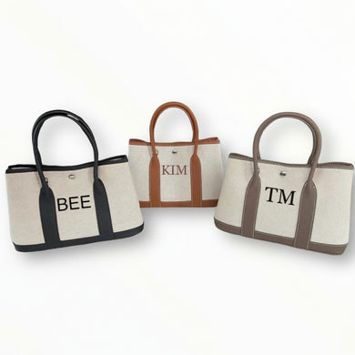 Personalized garden canvas bag tote bags with black brown and tan handles by Travellers Hat Boutique