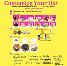 Cargar imagen en el visor de la galería, Customizable personalized straw hat for women with options for text, colors, sizes, and fonts by Travellers Hat Boutique
