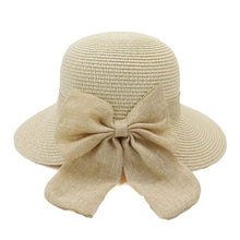 Cargar imagen en el visor de la galería, Personalized straw hat for women with wide brim and large decorative bow in natural beige color

