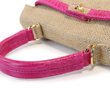 Load image into Gallery viewer, Jute bag with croco leather handle in pink and gold hardware from Travellers Hat Boutique
