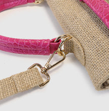 Load image into Gallery viewer, Close-up of jute bag with croco leather handle and detachable gold clasp strap by Travellers Hat Boutique
